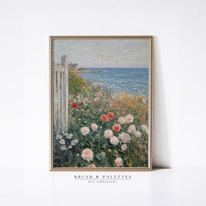 Seaside Garden with Roses & Wildflowers | PRINTABLE Impressionist Coastal Floral Art | Romantic Wall Decor for Cottage and Beach Homes