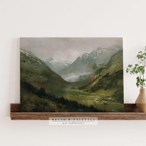 Misty Alpine Valley Print | PRINTABLE Mountain Landscape Wall Decor | Moody Green Nature Digital Art for Lodge, Rustic, or Adventure Homes