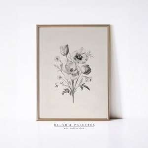 Vintage Pencil Drawing of Flowers | Printable Botanical Sketch with Elegant Floral Details | Minimalist Art for Classic Home Decor