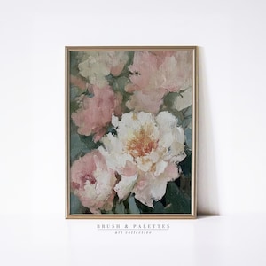 Peony Flower Print | Vintage Floral Oil Painting | Romantic Botanical Wall Art | Cottagecore Living Room Decor | Pink Peony PRINTABLE