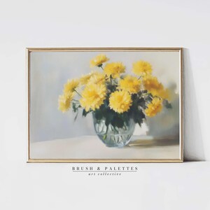 Yellow Chrysanthemums in Glass Vase Print | PRINTABLE Floral Still Life Wall Decor | Vintage Botanical Art for Country or Farmhouse Homes