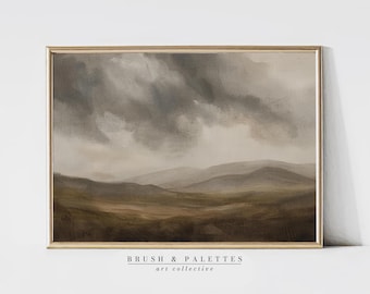 Moody Mountain Landscape Print | Stormy Sky Painting in Neutral Earth Tones | Dramatic Hillside Wall Art | Rustic Nature Scene PRINTABLE