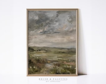 Stormy Field Landscape Print | PRINTABLE Oil Painting Wall Art | Moody Countryside Scene Digital Art for Farmhouse or Rustic Homes