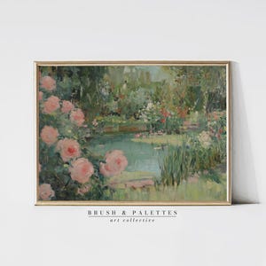 Pink Roses by the Pond Print | PRINTABLE Vintage Garden Landscape Wall Decor | Romantic Floral Digital Art for Farmhouse or Cottage Homes