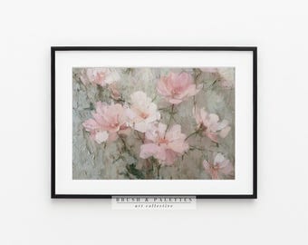 ピンクの花の絵画：質感のある油絵の花、ヴィンテージロマンティック
