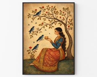 Impresión de "Mujer india con pájaros": Escena de té tradicional Art Nouveau (Descarga digital)
