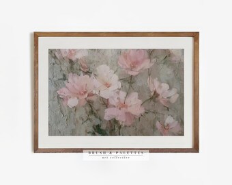 ピンクの花の絵画：質感のある油絵の花、ヴィンテージロマンティック