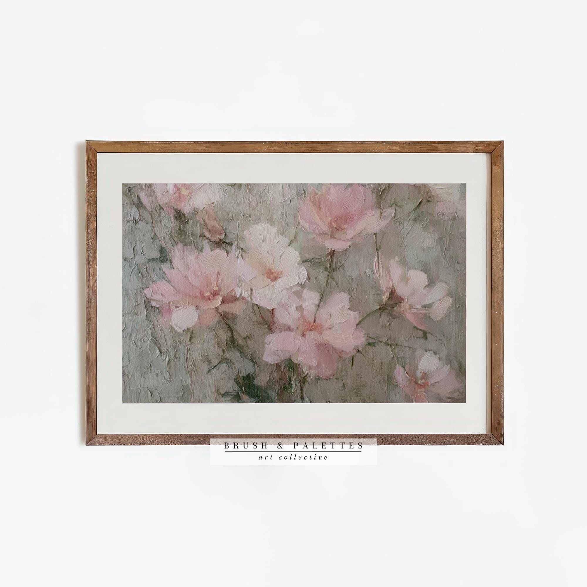 ピンクの花の絵画：質感のある油絵の花、ヴィンテージロマンティック