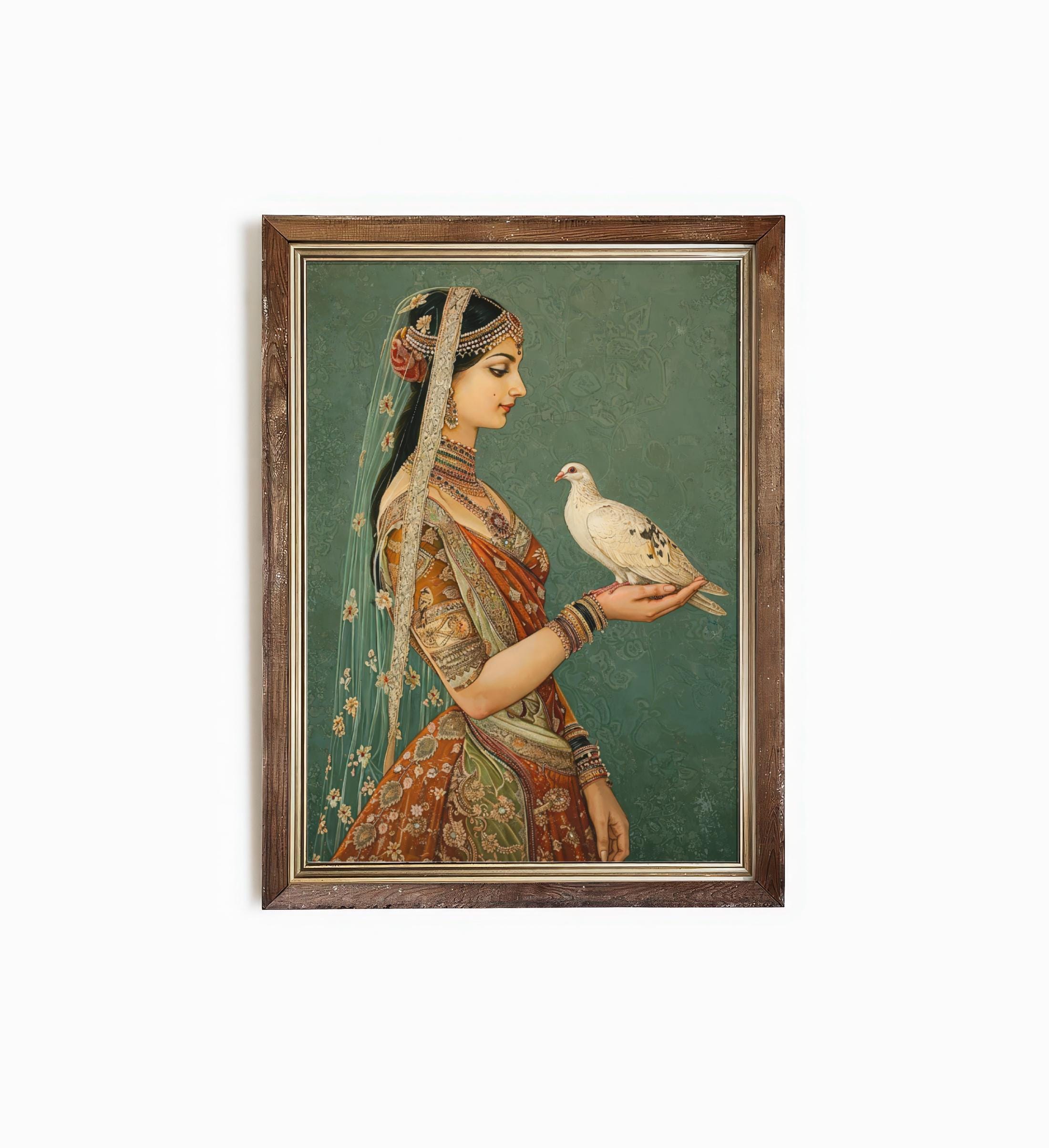 ムガル帝国の王女と鳩の版画：ヴィンテージインド民芸品（デジタル
