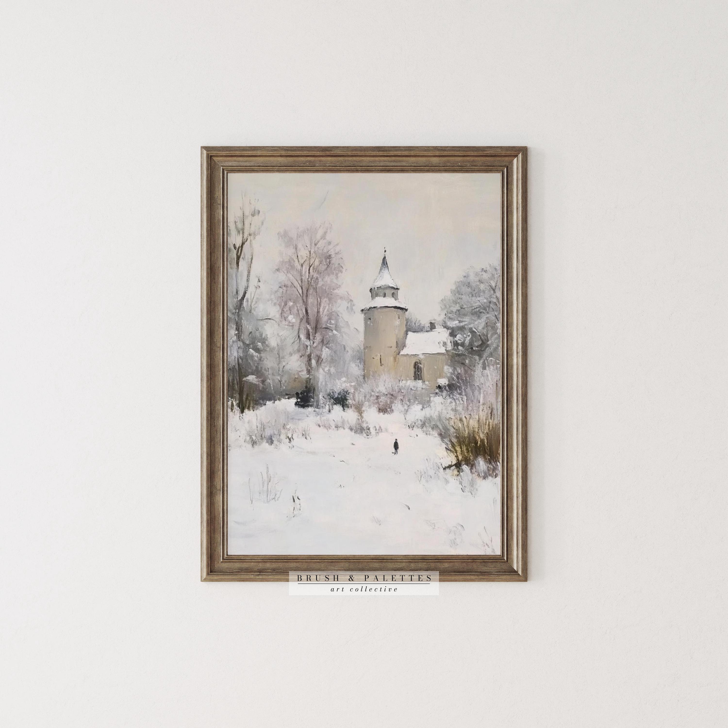 Snowy Village Church Painting: Vintage Winter Landscape Art Print ...