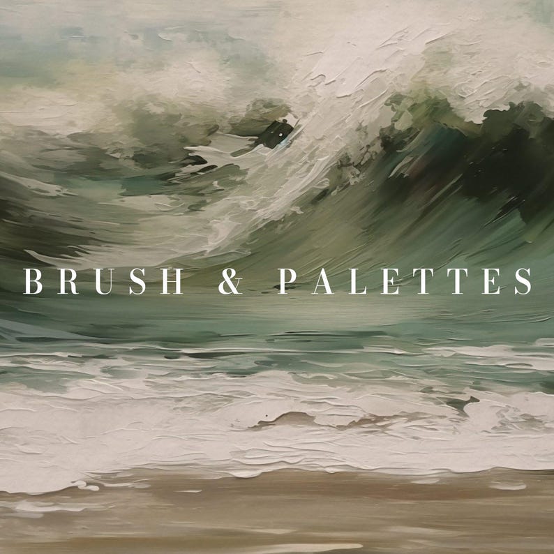 K&ouml;nnte beinhalten: Ein Gem&auml;lde einer gro&szlig;en, gr&uuml;nen Welle, die an einem Strand bricht. Der Text "BRUSH & PALETTES" ist in wei&szlig;en Buchstaben am unteren Rand des Bildes geschrieben.