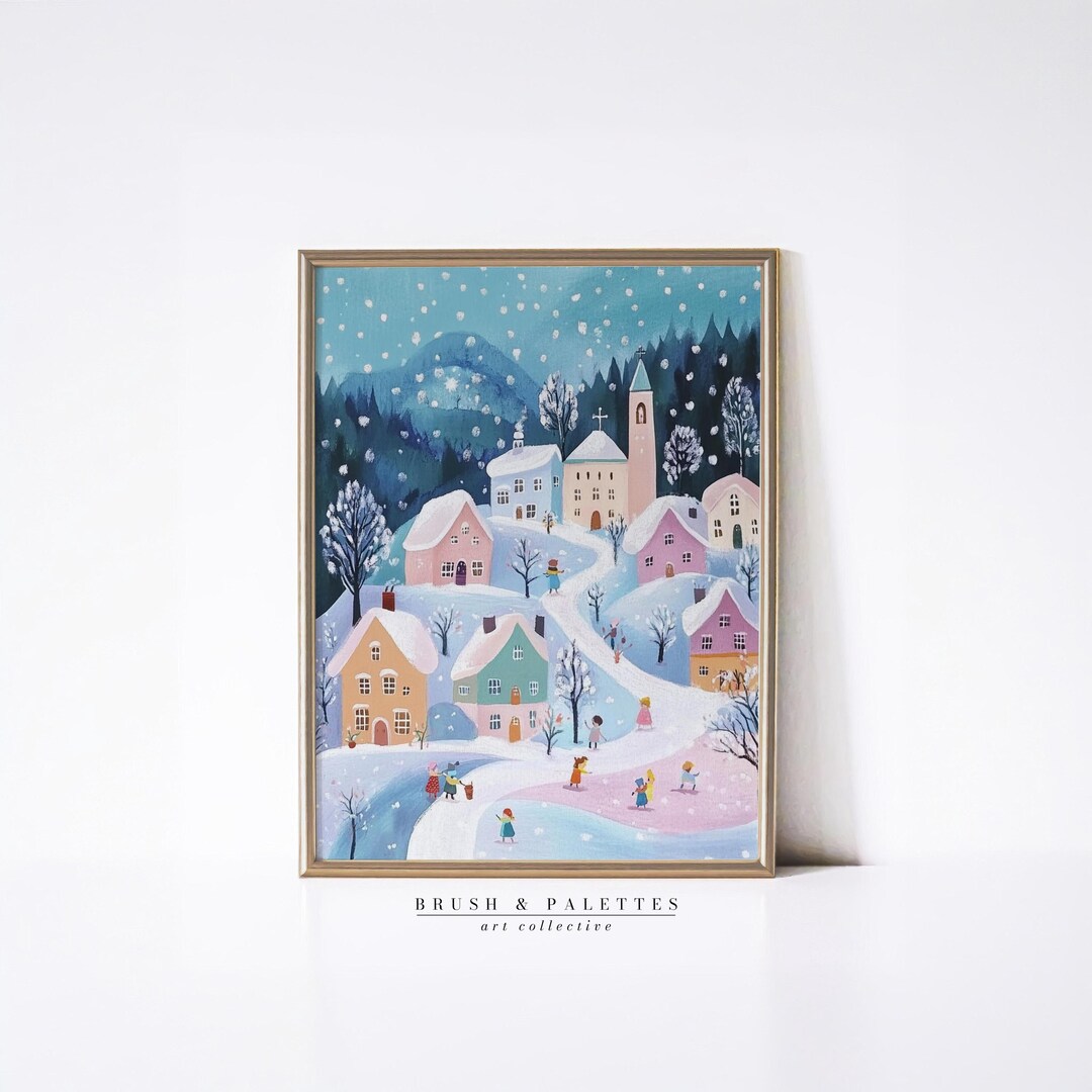 Winter Village Snowy Scene: Cozy Pastel Christmas Landscape Painting ...