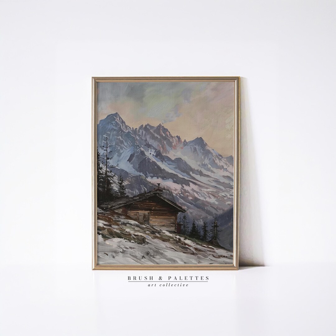 Alpine Cabin Mountain Painting | PRINTABLE Rustic Landscape Wall Art ...