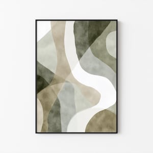 Pode incluir: Impressão de arte abstrata em uma moldura preta. A obra apresenta formas orgânicas sobrepostas em tons de verde, bege e branco. O estilo aquarela cria uma aparência suave e texturizada. Uma peça moderna para decoração de casa.