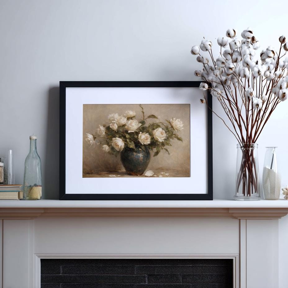 白いバラの花瓶プリント：ヴィンテージの花の静物画（デジタル