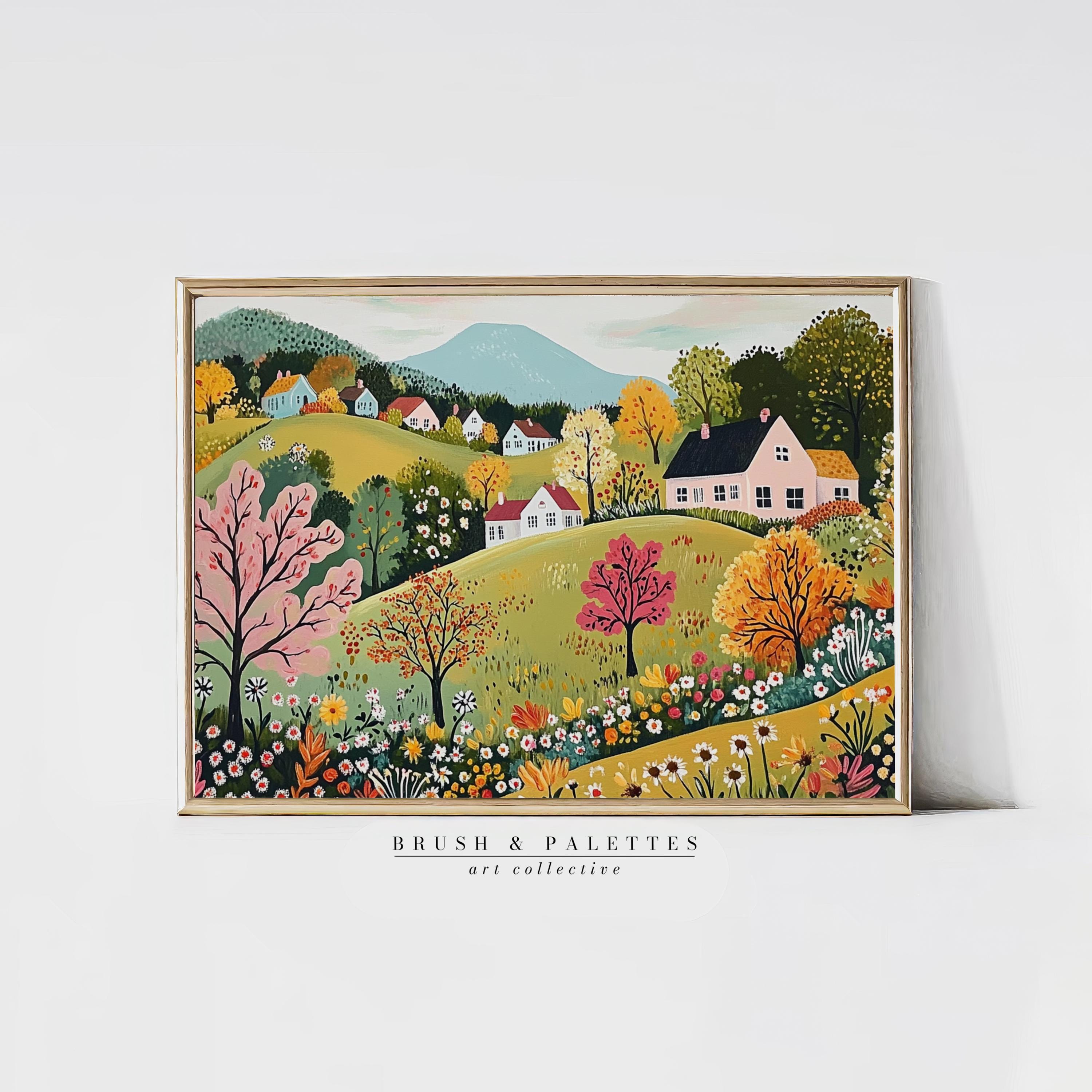 Whimsical Countryside Landscape Print: Colorful Village Hills and