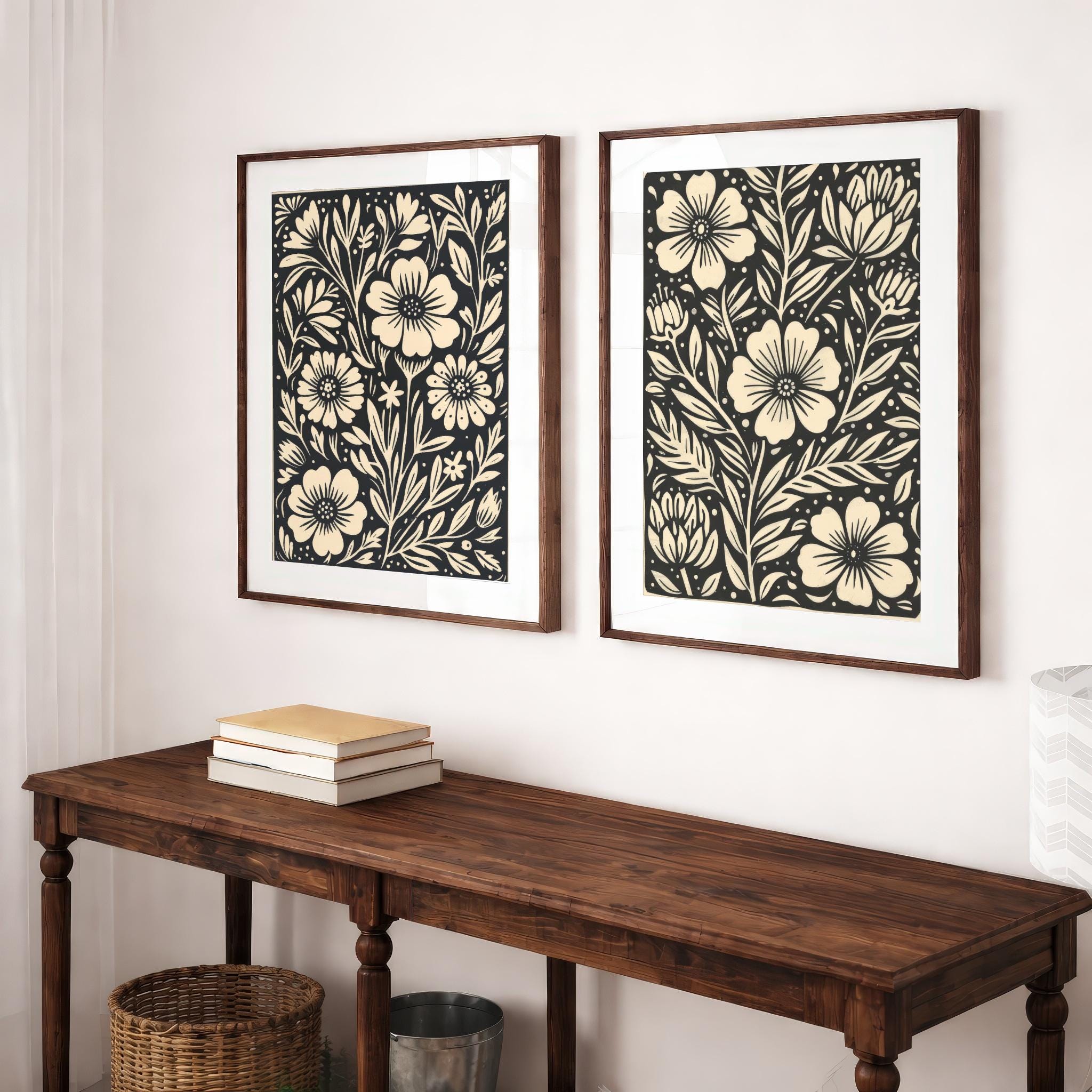 Floral Folk Pattern Print Set: Minimalist Black and Beige