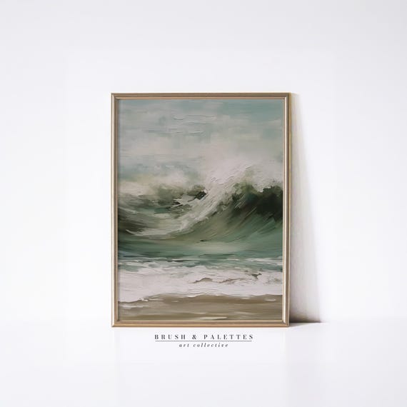Abstract Ocean Wave Print: Neutral Sage Green Coastal Painting (Digital Download)