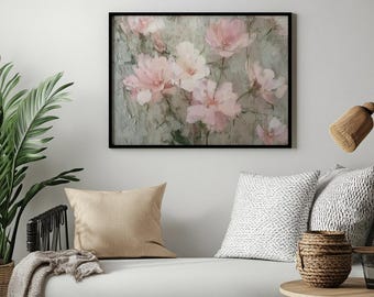 ピンクの花の絵画：質感のある油絵の花、ヴィンテージロマンティック