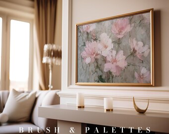 ピンクの花の絵画：質感のある油絵の花、ヴィンテージロマンティック