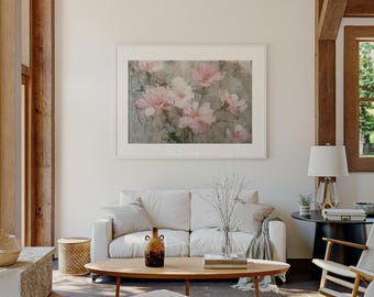 ピンクの花の絵画：質感のある油絵の花、ヴィンテージロマンティック