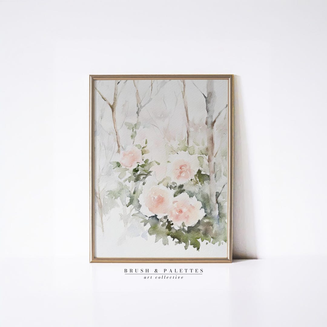 Soft Blush Roses Print: Cottage Floral Watercolor Wall Art (digital ...
