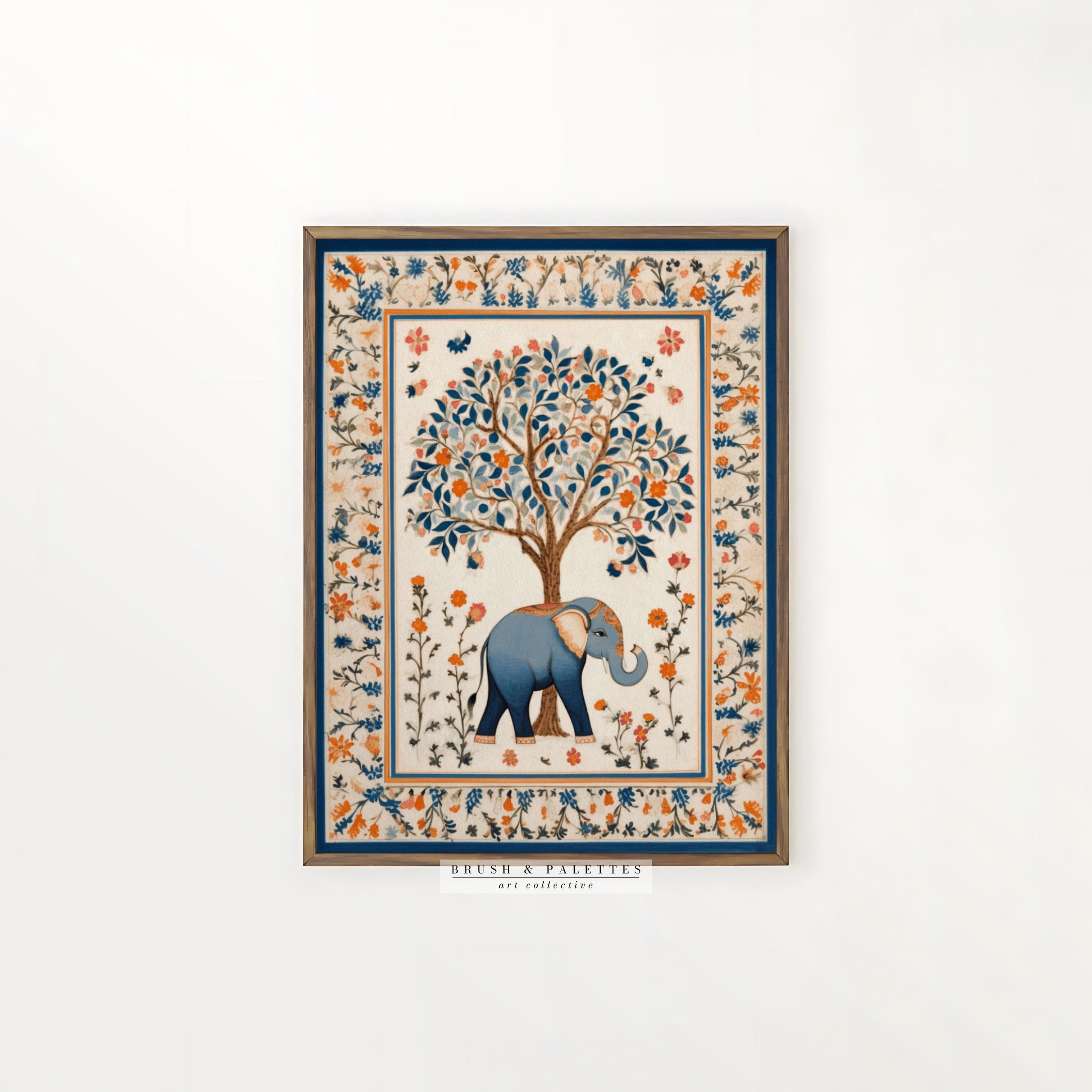 インド象の版画：ムガル帝国の花柄民芸品（デジタルダウンロード