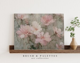 ピンクの花の絵画：質感のある油絵の花、ヴィンテージロマンティック