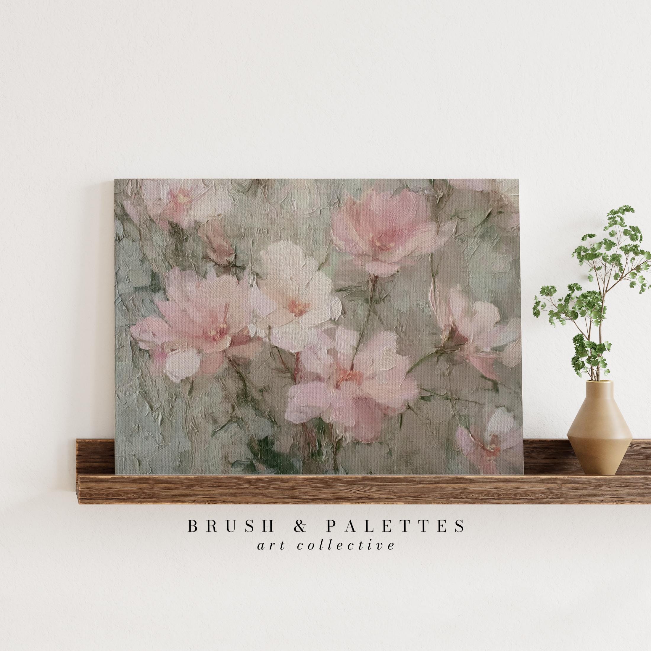 ピンクの花の絵画：質感のある油絵の花、ヴィンテージロマンティック