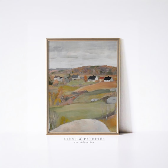 田舎の村の版画：秋の田園風景画（デジタルダウンロード） - Etsy 日本