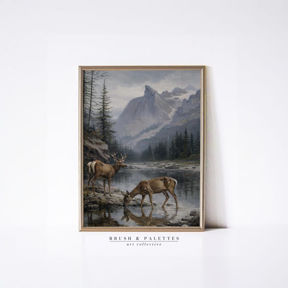 Alpine Deer Print: Serene Mountain Wildlife Scene (digital