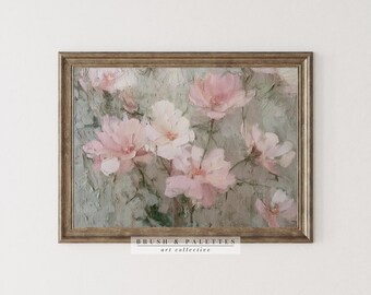 ピンクの花の絵画：質感のある油絵の花、ヴィンテージロマンティック