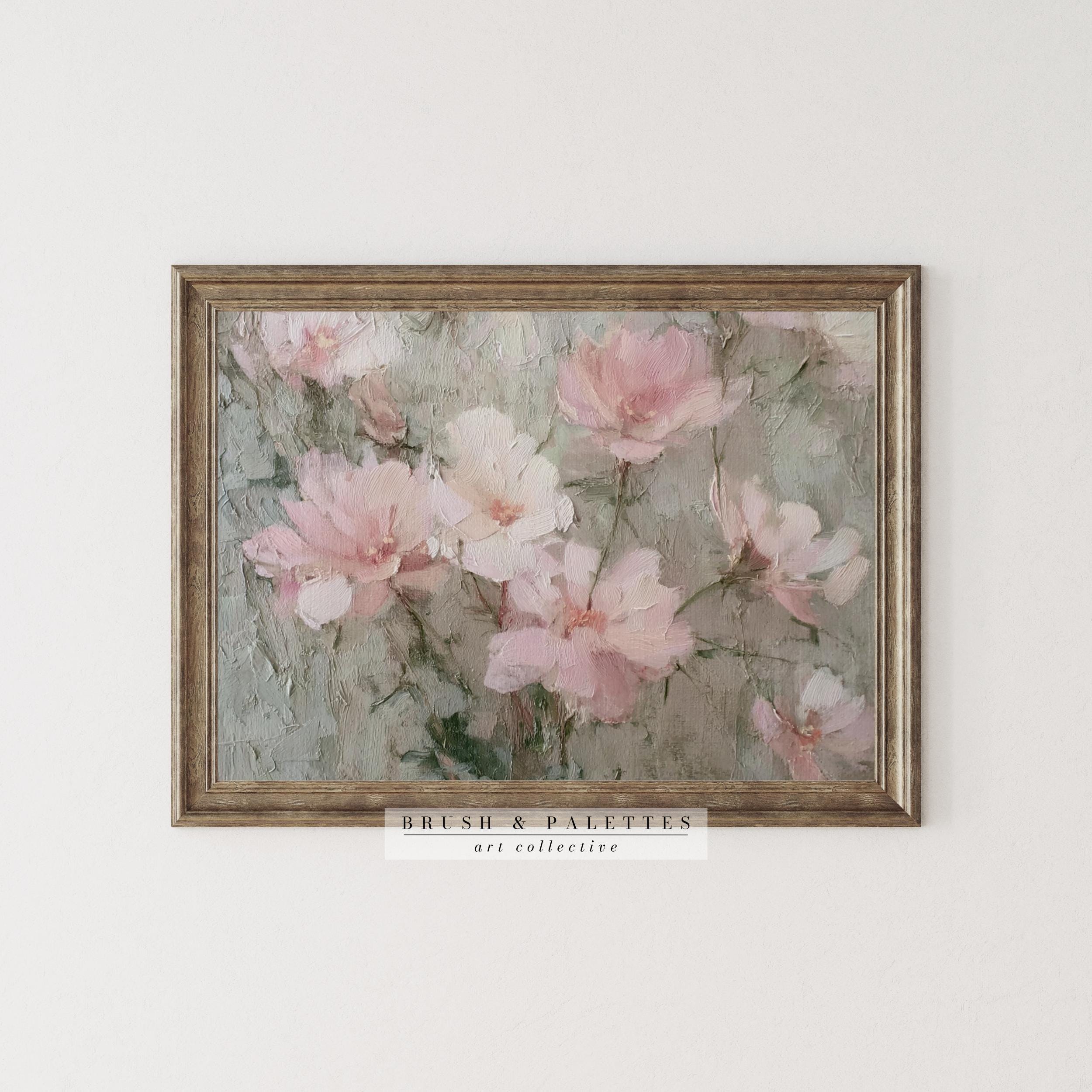 油彩画 花 ピンク ダークグリーン 新緑のキャンバスに、淡いピンクの絵筆で描かれたような八重桜🌸 新緑