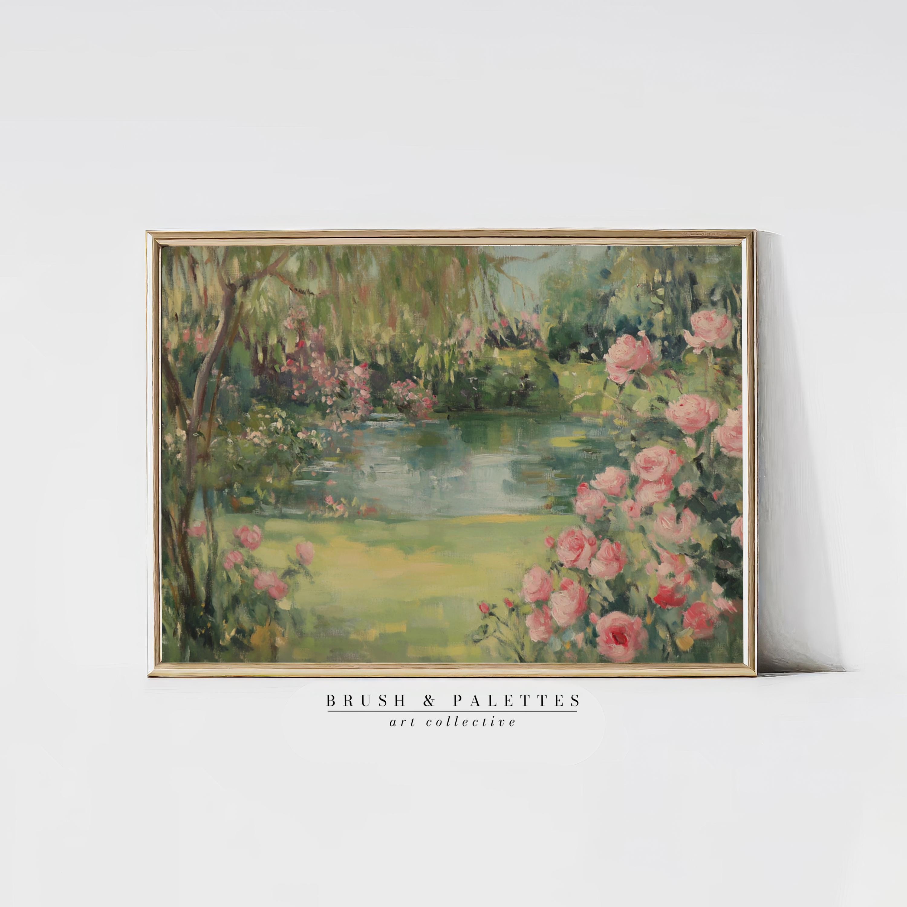 Stampa digitale di paesaggio di laghetto da giardino con rose rosa / Paesaggio floreale impressionista STAMPABILE / Arte murale romantica per case in stile cottage