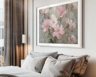 ピンクの花の絵画：質感のある油絵の花、ヴィンテージロマンティック