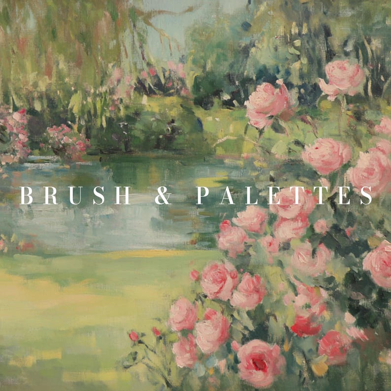 Romantic Garden Pond: Pink Rose Landscape Painting Printable Wall Art ...