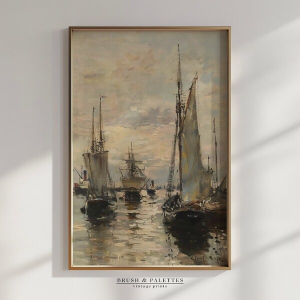 Neutral Seascape Painting / Antique Ship Art Print / Vintage Oil Painting PRINTABLE
