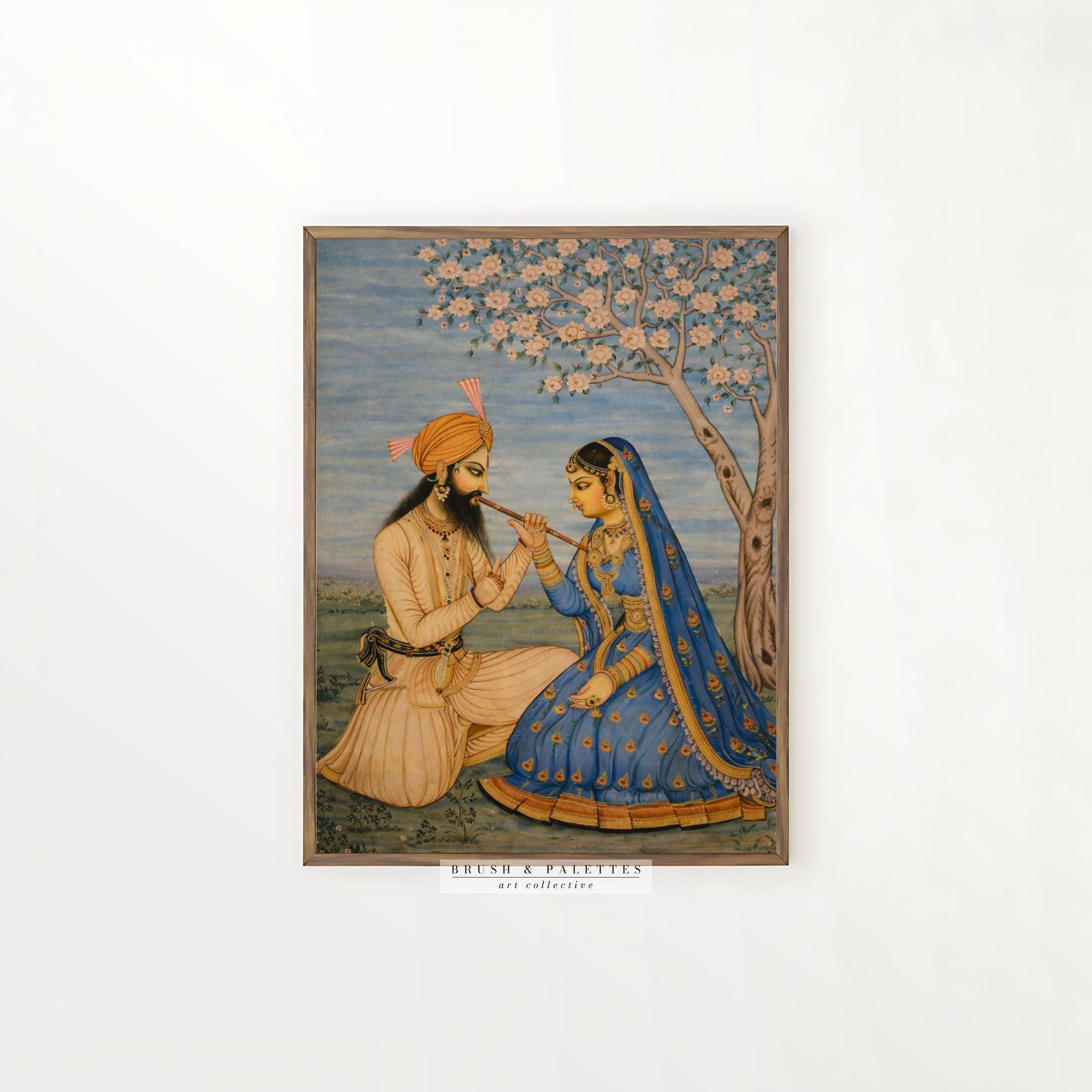 インド王室カップルの版画：ロマンチックなムガル帝国宮廷の情景