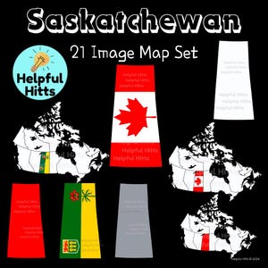 Ensemble de cartes de la Saskatchewan - Images clipart pour les enseignants, géographie, carte de l'Amérique du Nord, carte des provinces et territoires du Canada, carte du Canada, 21 images PNG