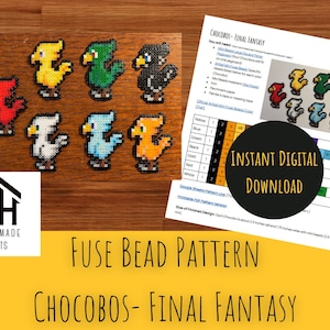 May include: A collection of colorful pixel art Chocobo fuse bead designs, including red, yellow, green, black, white, blue, and orange. The image also features a pattern sheet with color charts and the text "Instant Digital Download."
