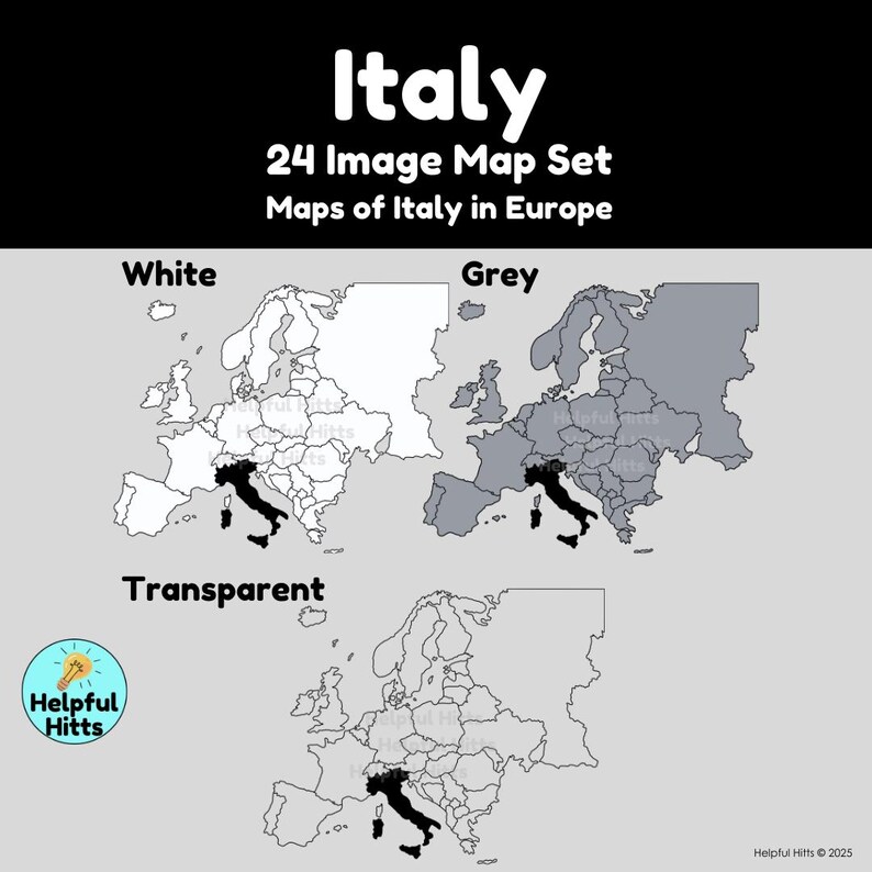 The Italy Map Set includes 24 maps of Italy, Italy’s provinces, and Italy in Europe.  Map colors include black, white, grey, transparent, green, red, and the Italian flag. All maps are 300dpi, PNG images in a convenient zip file.