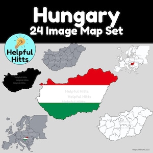 Ungarn Map Set - Clip Art für Lehrer, Geographie, europäische Länder, Ungarn Politische Karte, Sozialkunde, Europa - 24 PNG Bilder