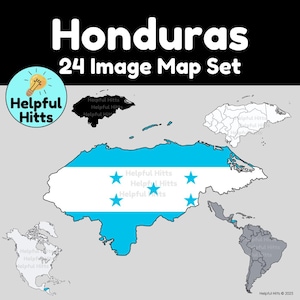 Puede incluir: Un conjunto de 24 mapas imprimibles de Honduras, con una bandera azul y blanca con cinco estrellas blancas. Los mapas están en blanco y negro, a color y en estilo de contorno. El título "Honduras 24 Image Map Set" está en la parte superior de la imagen.