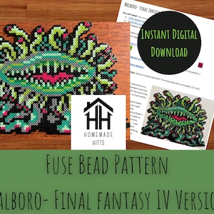 May include: A colorful fuse bead pattern of a Malboro from Final Fantasy IV, approximately 5 inches tall and 6.75 inches wide. The design features green, black, and pink beads. The image includes a digital download graphic with the text "INSTANT DIGITAL DOWNLOAD".