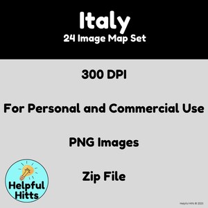 The Italy Map Set includes 24 maps of Italy, Italy’s provinces, and Italy in Europe.  Map colors include black, white, grey, transparent, green, red, and the Italian flag. All maps are 300dpi, PNG images in a convenient zip file.