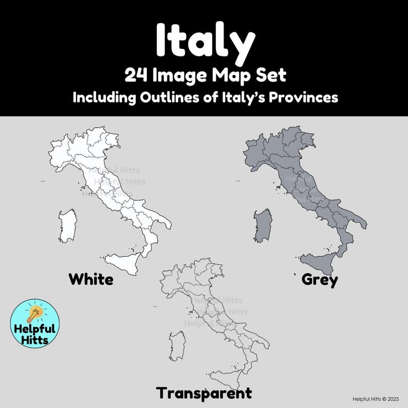 The Italy Map Set includes 24 maps of Italy, Italy’s provinces, and Italy in Europe.  Map colors include black, white, grey, transparent, green, red, and the Italian flag. All maps are 300dpi, PNG images in a convenient zip file.