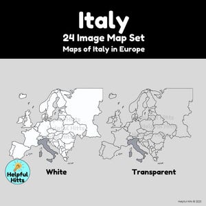 The Italy Map Set includes 24 maps of Italy, Italy’s provinces, and Italy in Europe.  Map colors include black, white, grey, transparent, green, red, and the Italian flag. All maps are 300dpi, PNG images in a convenient zip file.