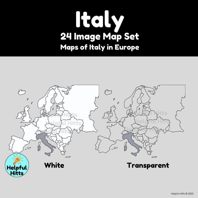 The Italy Map Set includes 24 maps of Italy, Italy’s provinces, and Italy in Europe.  Map colors include black, white, grey, transparent, green, red, and the Italian flag. All maps are 300dpi, PNG images in a convenient zip file.