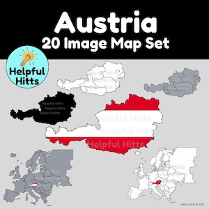 May include: A set of 20 maps of Austria, including a black and white outline map, a map with the Austrian flag, and a map of Europe with Austria highlighted. The maps are labeled "Helpful Hitts" and "Austria 20 Image Map Set".