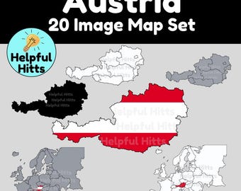 Austria Map Clip Art Set: European Geography, Social Studies (20 PNG Images)